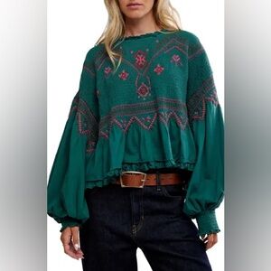 Free People Holly Knit Top Green Combo Embroidered Boho Blouse